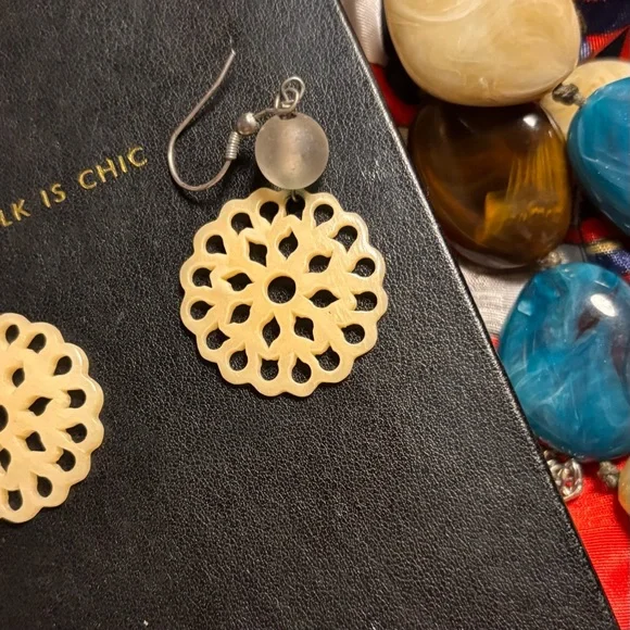 Carved Mandala Filigree Earrings Frosted SeaGlass #Bohochic #dangledrops #sheesh - Picture 2 of 5